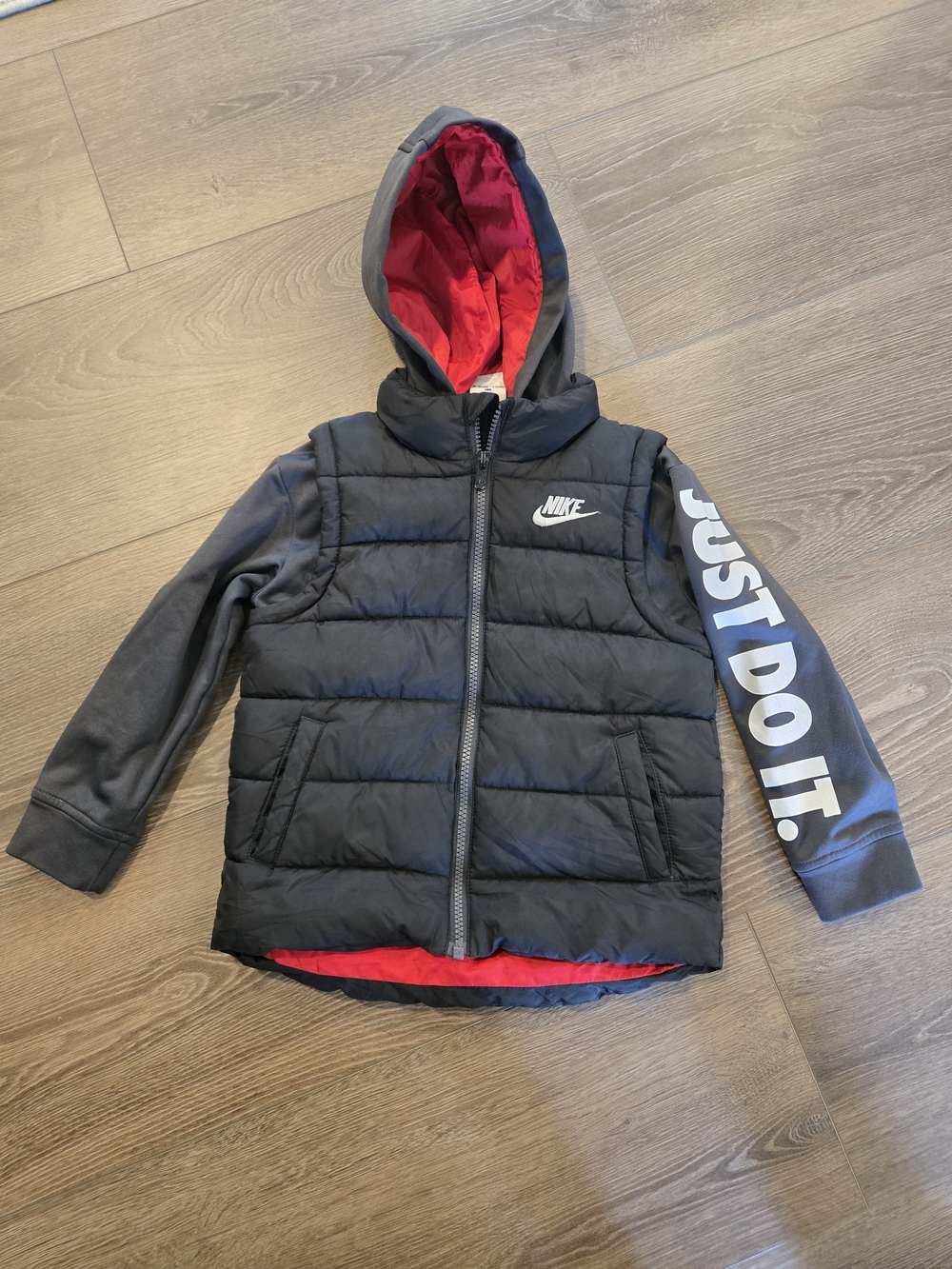 Nike Kids' Black Hooded Puffer Jacket with Red Lining